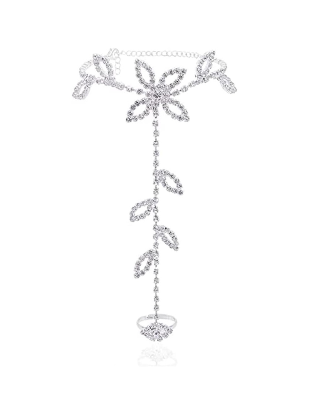 Rhinestone Leaf Dangle Barefoot Sandal - Silver Sparkle